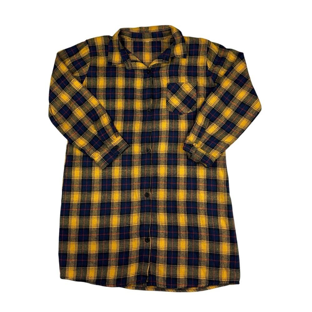 Girls Plaid Long Sleeve Button Down Flannel Shirt Dress Sz 8/9 Yellow Navy Blue